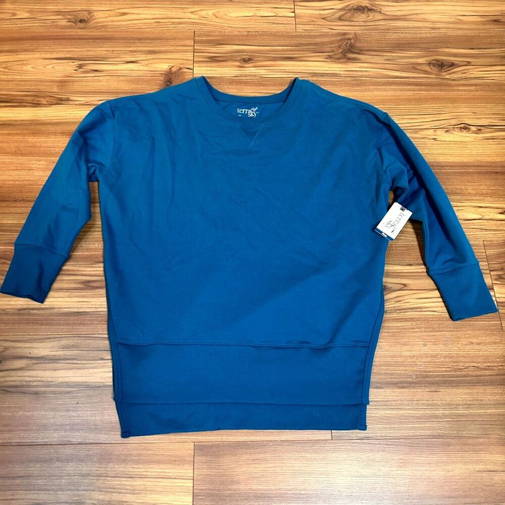 Terra & Sky Sweatshirt Womens 0X 14W Plus Blue Terry Fleece Stretch High-Low NWT - Picture 3 of 10